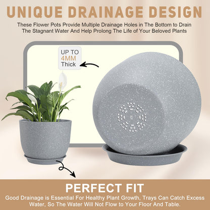 YNNICO Plant Pots 10/9/8/7.5/7 inch Flower Pots with Multi Mesh Drainage Holes, Planters for Indoor Outdoor Garden Plants and Flowers. (Gray)
