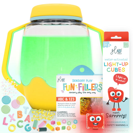 Glo Pals Play Pack Bundle with Sensory Play Jar, Water-Activated Light-Up Cubes, and Fun Fillers - Sensory Toys for Toddlers - Sensory Toy Kit with Light Up Cubes for Bathtub - Easy as ABC
