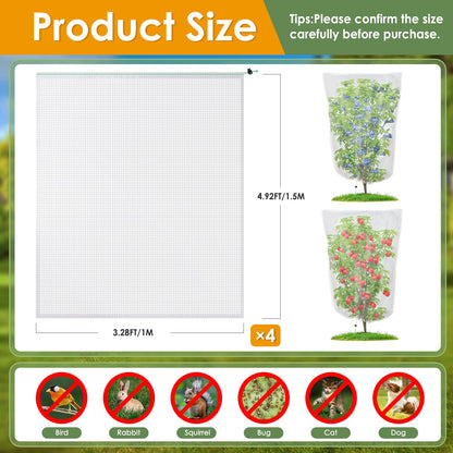 4 Pack Insect Bird Barrier Mesh - Blueberry Bush Netting Cover Insect Bird Netting Tomato Protective Cover with Drawstring Garden Mesh Netting for Vegetables, Fruits, Trees, 3.3Ft x 4.92Ft