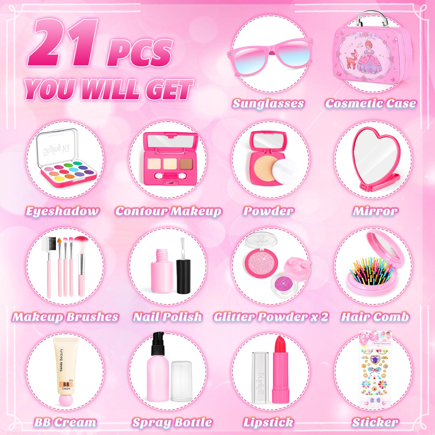 Pretend Makeup for Toddlers, Toy Play Makeup Set for Kids 3-5, Toddler Makeup Kit Pretend, Fake Makeup for Kids, Princess Toddler Toys for Girls, Gifts Toys for 3 4 5+ Year Old Girls(Not Real Makeup)