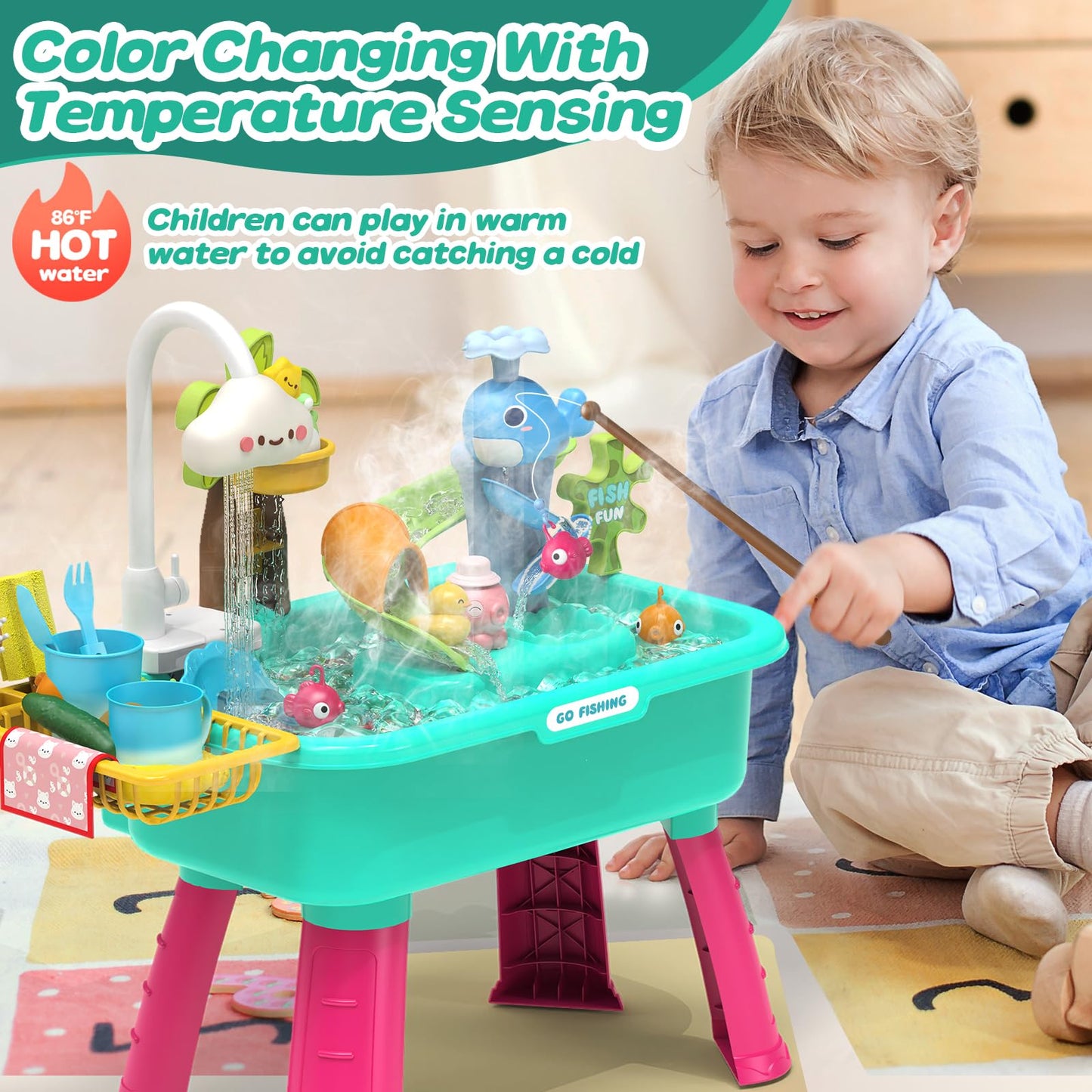 4-in-1 Electric Water Table Toy for Toddlers 1-3,Kitchen Play Sink Toys with Running Water for Kid with Water Pump,Animals, Food, Tableware,Color Changing Pretend Role Birthday Toy for Boy and Girl
