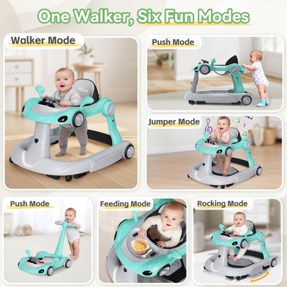 HAWEEK Baby Walker with Wheels, 7-in-1 Foldable Baby Walkers for Boys Girls 6-12 Months with Feeding Tray & Music, Lights,Rocker,Sun Canopy, Bouncing Pedal, Adjustable Wheel Speed, Push Walker(Green)