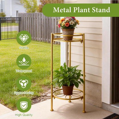 2 Tier Metal Plant Stand, Sturdy Heavy Duty Adjustable Two Tier Flower Pot Holder for Indoor Outdoor, Small Spaces, Balcony, Kitchen, Living Room, Patio - Tall Plant Shelf for Succulents, Heavy Pots, Potted Herbs （Gold）