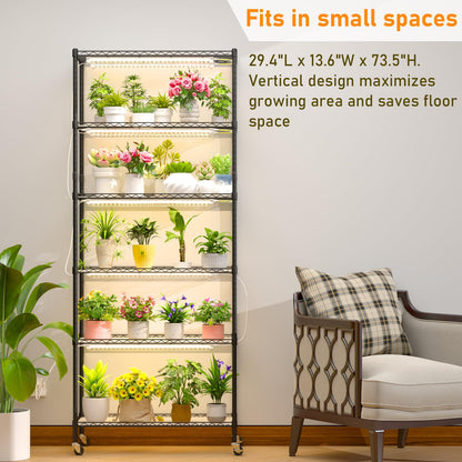 Plant Shelf with Grow Light, DIY 6-Tier Plant Stand with Grow Light, Adjustable Rack and Wheels, 8 Pack 24" 192W T8 Full Spectrum Grow Lamp for Indoor Plants, Seed Starting, Vegetable, 29"x13.5"x73.5"