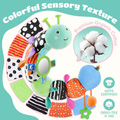 AWOTOY Baby Toys 6-12 Months Music Caterpillar Infant Toys Stuffed Animals 0-3-6 Months Teething Tummy Time Sensory Toys with Mirror Rattle&Pull String for Boys Girls Birthday Gifts|Tiffany Blue,Leafy