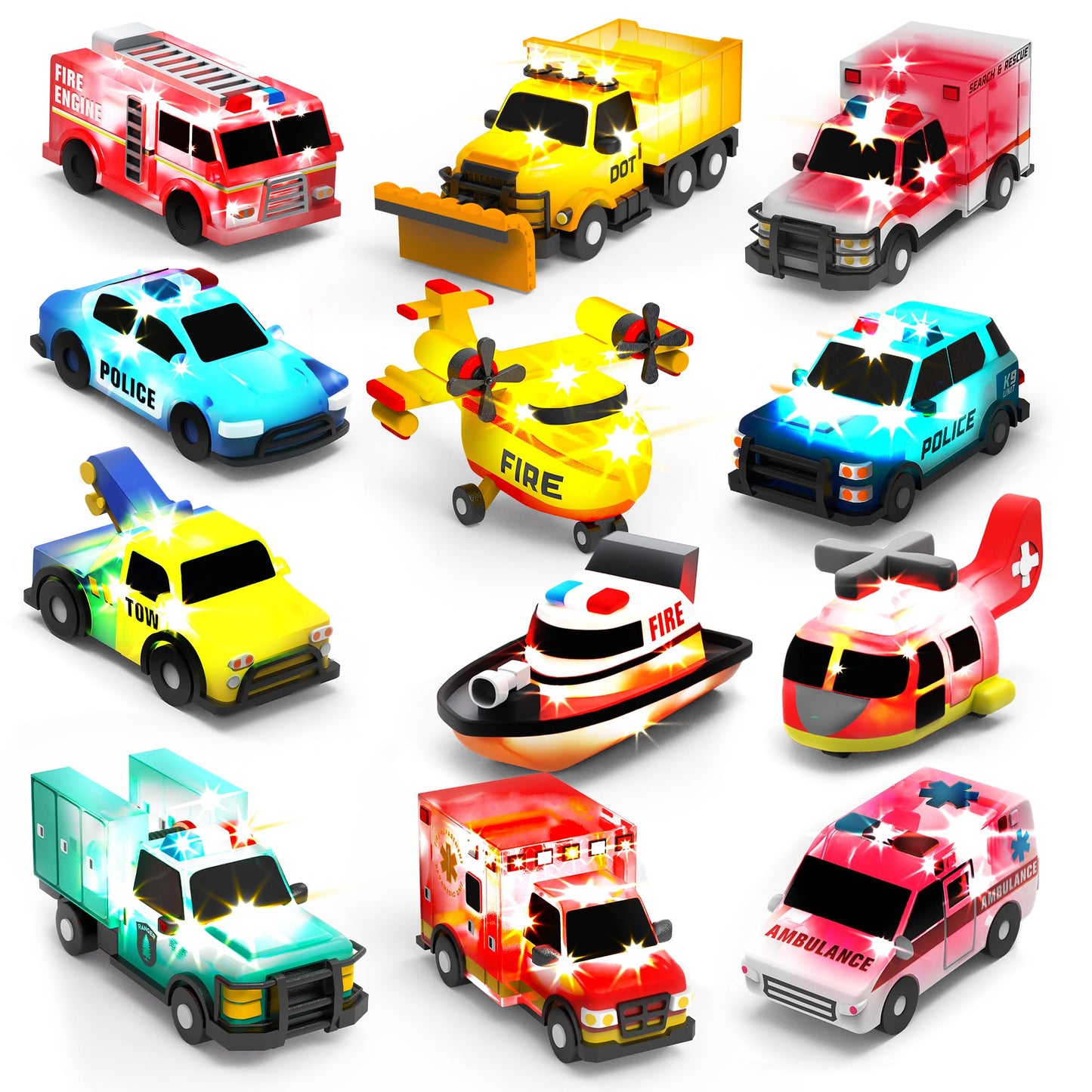 Tub Works® Emergency™ Cars Light Up Bath Toys, 12 Pack | Water-Activated Light Up Toys Flash & Change Color | Easy-Grip Baby & Toddler Bath Toys | Sensory Toys with Bath Lights for Kids Bath
