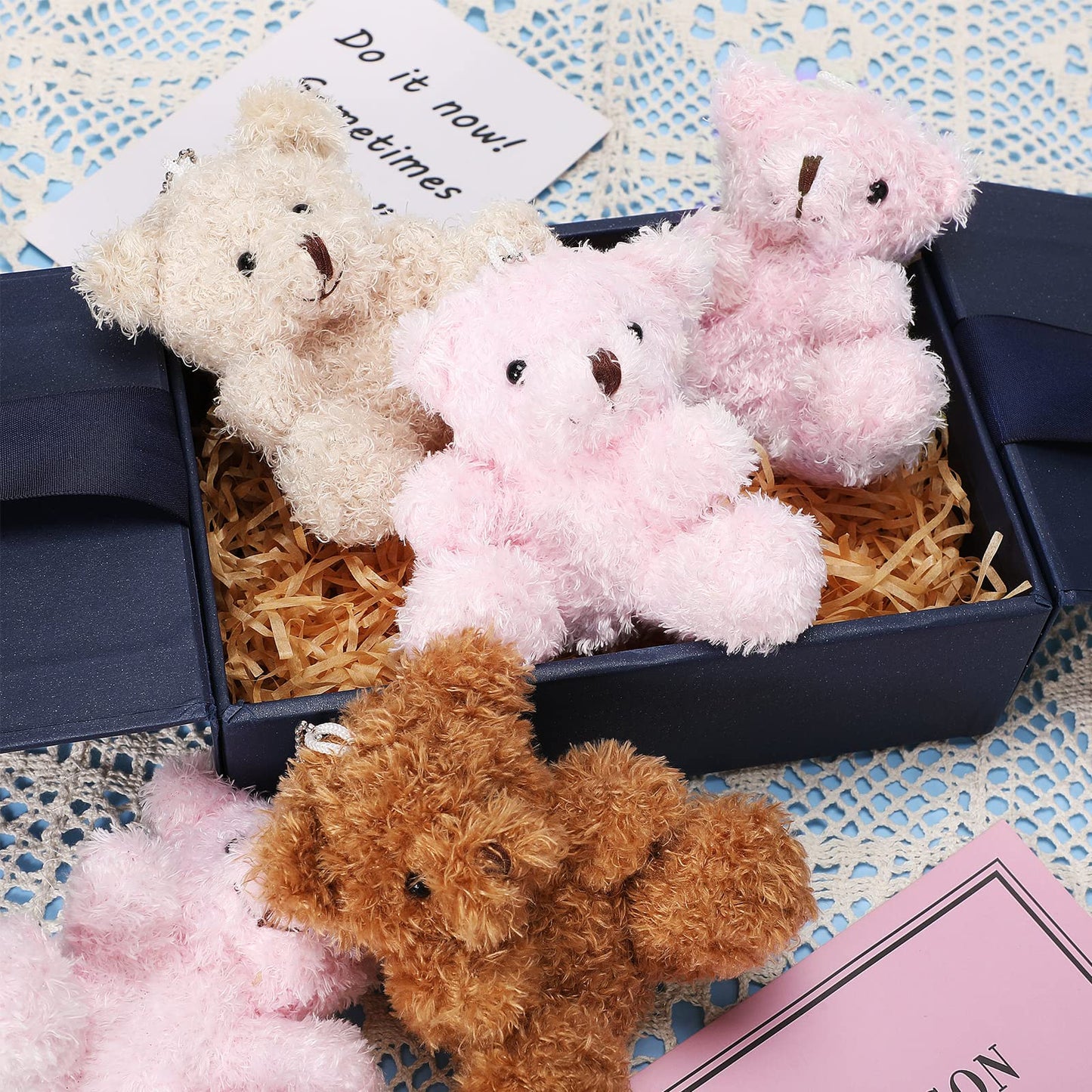 Threan 8 Pcs Mini Plush Bears 4'' Small Bear Bulk Stuffed Animal Toys Tiny Soft Bear Doll Present Stuffers for Keychain Baby Shower Party Favors Supplies(Pink, Brown, Apricot)