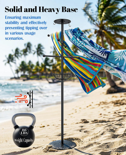 Luxspire Pool Towel Rack Outdoor, 6 Bars Outdoor Pool Towel Holder, 63 inch Heavy Duty Pool Accessories Outdoor Towel Rack with Tray and Hooks Storage for Beach, Hot Tub, Bathroom, Backyard, Black