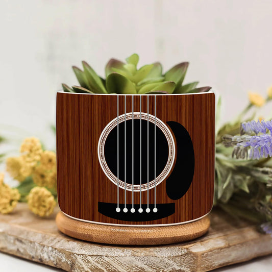 DIQADILA Guitar Pattern Print Mini Plant Pot Set Home Decor, Musician Music Ceramic Succulent Pots with Bamboo Tray Gifts for Planters. Guitar Accessories Gifts for Guitarists