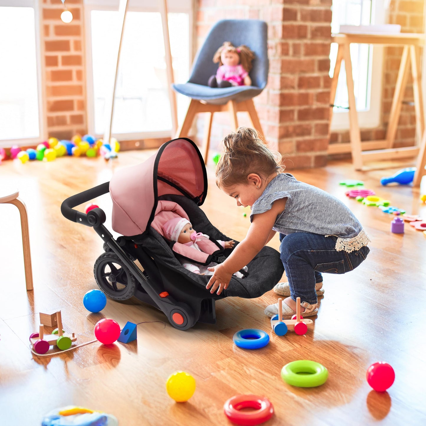 Baby Doll Convertible Travel Stroller for Girls Toddler Play Toy Car Seat Two in One Foldable Carriage for Kids with Diaper Bag Pretend Play Stroller for Doll