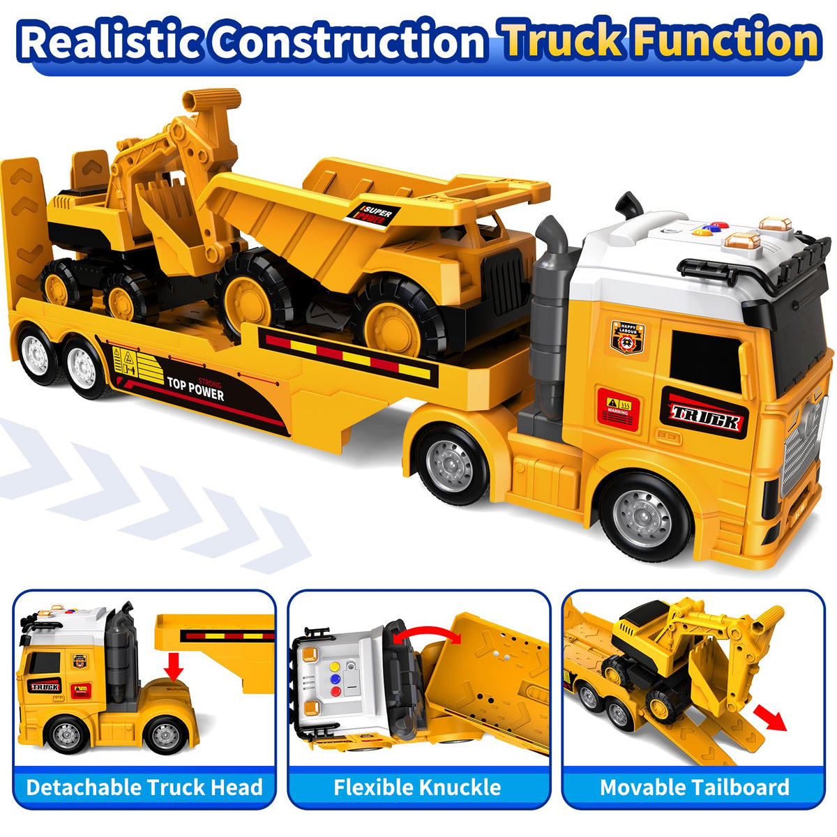 Toddler Boy Toys for Ages 3 4 5 6 7 8 Years Old, 25" Large Construction Carrier Truck Toy Excavator and Dump Truck, Friction Powered Vehicle with Lights & Sounds, Birthday Gift for Boys Girls