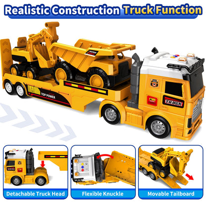Toddler Boy Toys for Ages 3 4 5 6 7 8 Years Old, 25" Large Construction Carrier Truck Toy Excavator and Dump Truck, Friction Powered Vehicle with Lights & Sounds, Birthday Gift for Boys Girls
