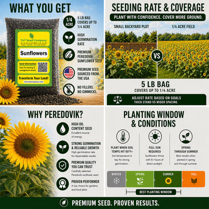 TnT Seed Company Sunflower Seeds for Planting, 5 lb Bag (1/4 Acre), Food Plot Seed for Deer, Birds, Pheasants & Doves, Bulk Sunflower Seeds for Gardens, Pollinators & Cover Crop