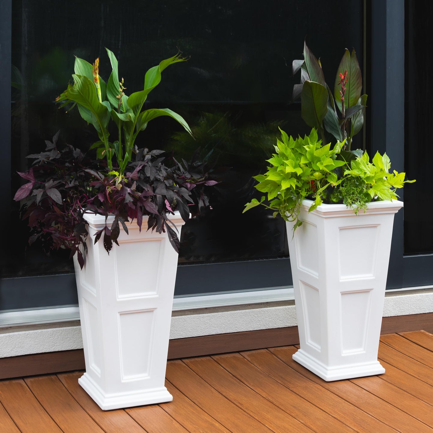Mayne Fairfield 28-Inch Tall Planter, 2-Pack – Self-Watering, Weather-Resistant Planter for Flowers – Durable Outdoor Design for Patio, Porch, or Entryway