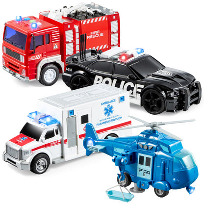 JOYIN 4 Packs Emergency Vehicle Toy Playsets, Friction Powered Vehicles with Light and Sound, Including Fire Truck, Ambulance, Play Police Car and Helicopter, Toddler Kids Boys Gifts