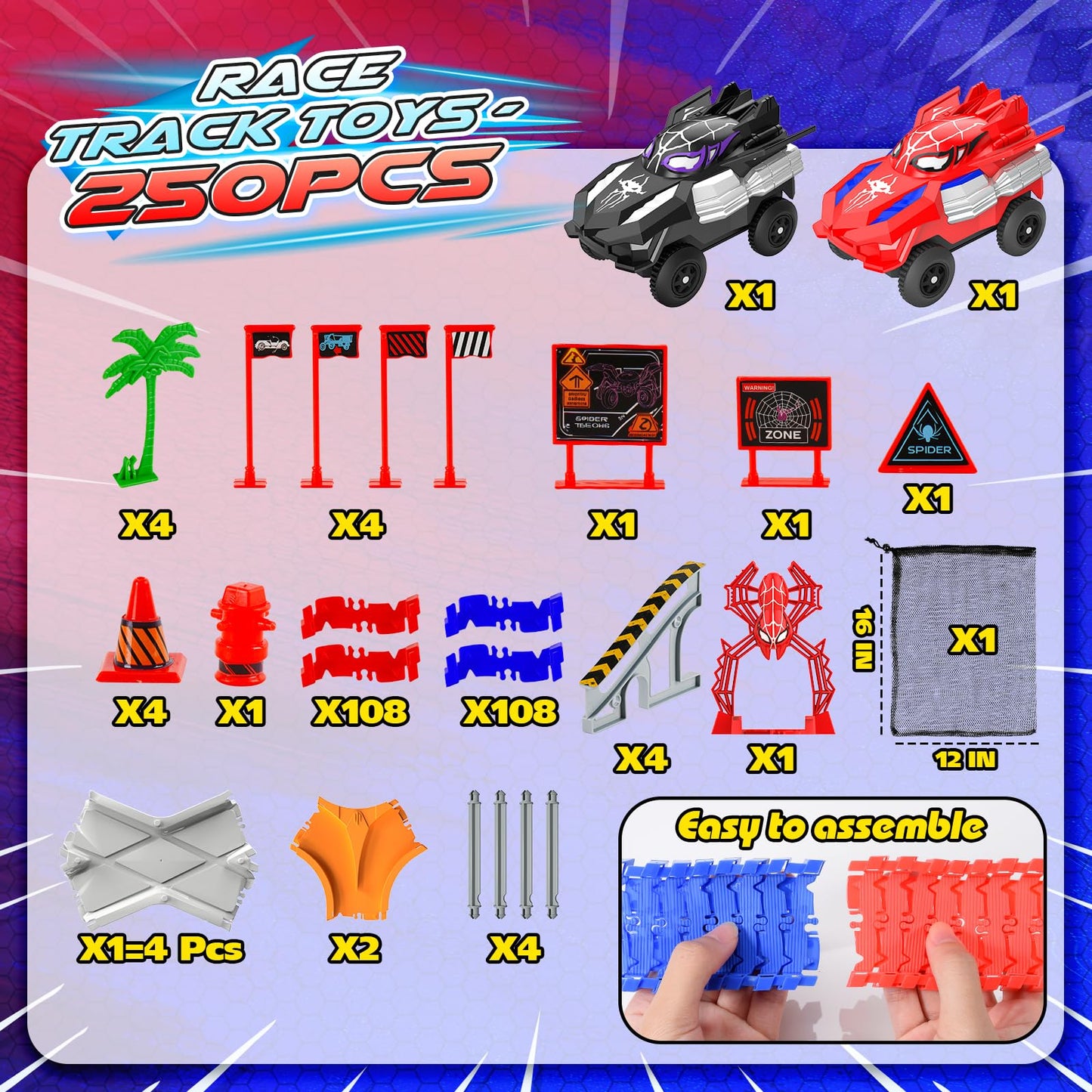 Spider Toys 250 PCS Race Car Track for Kids Ages 3-6 with 2 Cool Monster Car, Toddler Car Tracks for 3+ Year Old Boys Girls, Toy Set Birthday Gifts for 3-6 Year Old Boys