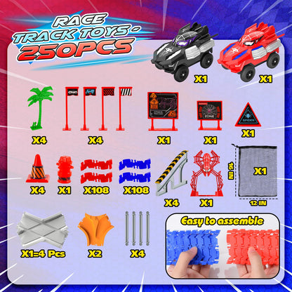 Spider Toys 250 PCS Race Car Track for Kids Ages 3-6 with 2 Cool Monster Car, Toddler Car Tracks for 3+ Year Old Boys Girls, Toy Set Birthday Gifts for 3-6 Year Old Boys