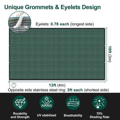 UCINNOVATE 70% Green Garden Sun Shade Cloth, 10x13 FT UV Resistant Sunblock Shade Net, Durable Mesh Shade Fabric Tarp with Grpmmets for Greenhouse, Plants Cover, Pergola, Canopy, Patio or Dog Kennel