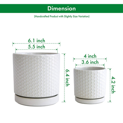 D'vine Dev Set of 2 Modern Matte White Honeycomb Embossed Ceramic Planter Pots with Saucer and Drainage Hole, 4 Inch & 6 Inch, 99-C-1-N