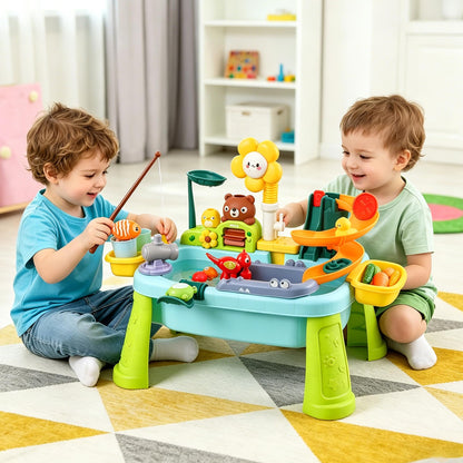 Upgraded Toddler Sand Water Table Toy with Electric Water Pump, Kids Sand Water with Faucet/Play Food Accessories/Fishing Toy, Kitchen Play Sink Toys for Girl Boy Age 3+ (Blue-Sunflower)