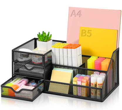 Lavatino Larger Mesh Desk Organizer with Drawers, Multifunctional Desk Organizers and Accessories with 6 compartments + 2 Drawer, Office Desktop Organization for supplies (Black)