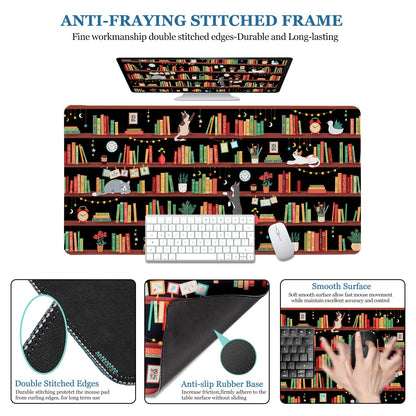 Desk Mat, Desk Matt for Desktop Bookshelf Cat XXL Extended Large Gaming Mouse Pad for Desk, Anti-Slip Desk pad Mat with Stitched Edges, Keyboard Mouse Mat for Computer, Work, Office, Gaming
