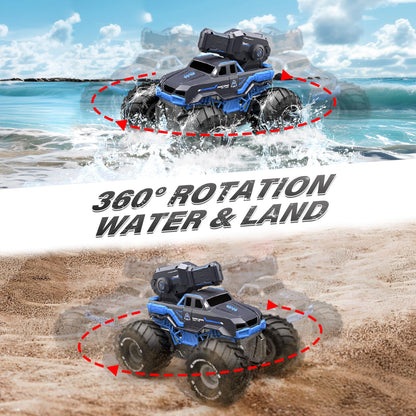 Amphibious Remote Control Car Boat Water Squirt RC Tank 2.4GHz Gesture Sensor 4WD Monster Truck Waterproof RC Car for 6 7 8 9-12 Kids Girls Boys Gift Beach Pool Water Toy With 2 Replaceable Batteries