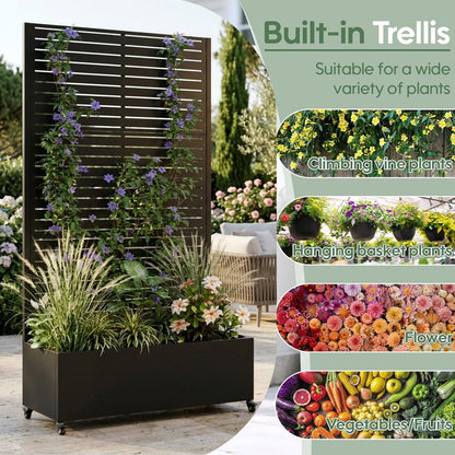 Roockky Metal Planter Box with Trellis, Outdoor Raised Garden Bed with Trellis & Wheels, 73"x35"x16" Planter Box Trellis with Drainage Holes & Privacy Screen for Climbing Plants, Vegetables, Black-3