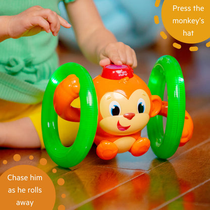 Bright Starts Roll & Glow Monkey Crawling Baby Toy with Lights and Sounds, Tummy Time Toy, 6 Months and up