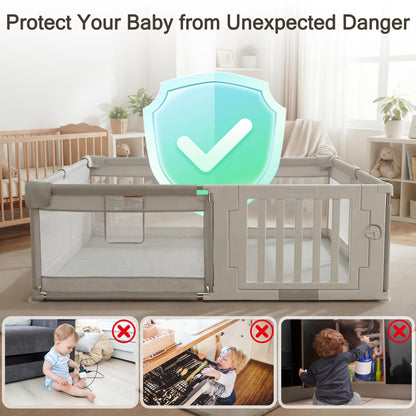 Funyoo 79" ×71" Baby Playpen with Gate, Large Baby Play Pen for Babies and Toddlers, Infant Fence Play Yard with Door for Living Room, Anti-Fall, Breathable Mesh