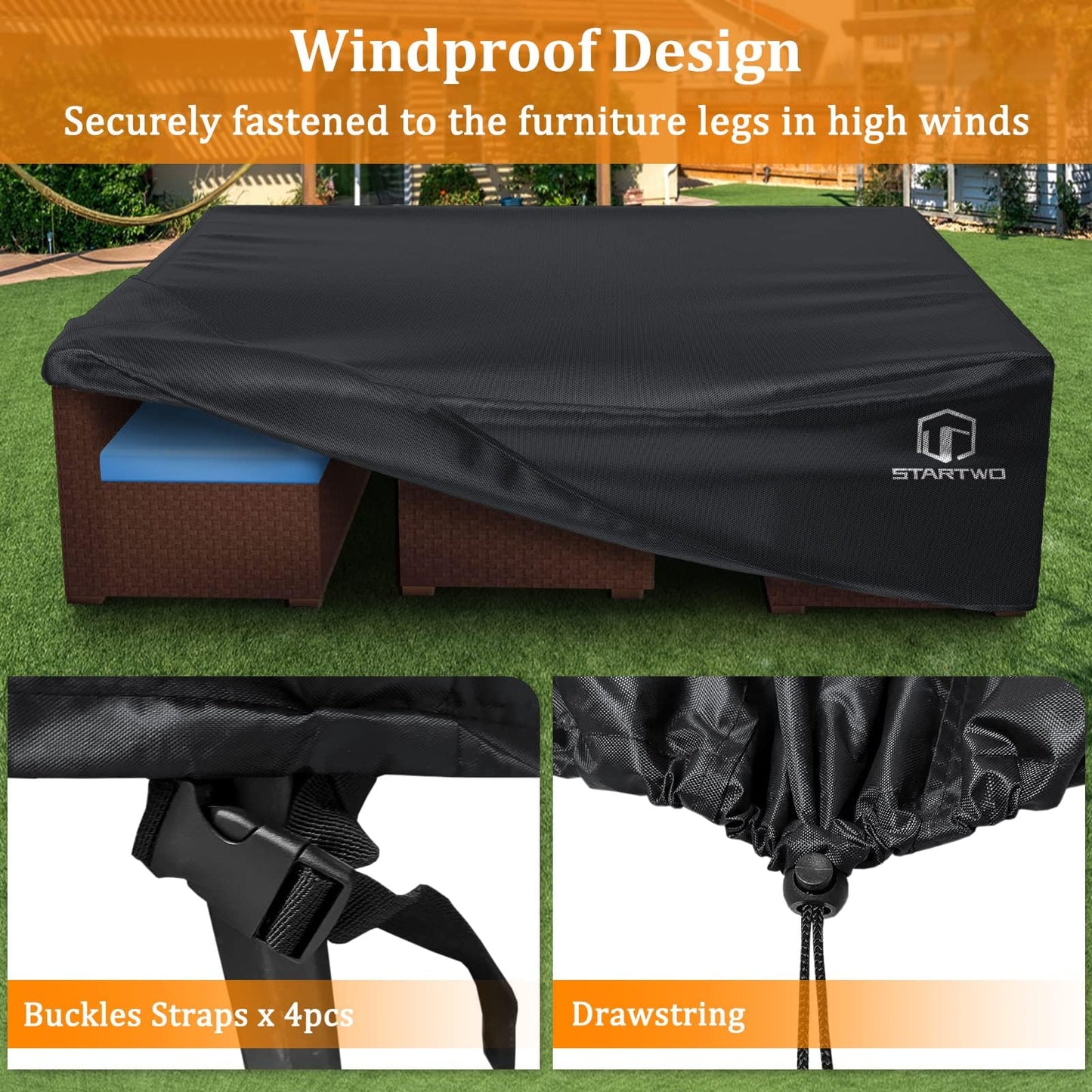 STARTWO Patio Furniture Covers Waterproof, Outdoor Furniture Set Cover for 7-12 Seats Sectional Sofa Table Chairs Anti-UV Tear-Resistant 500D Heavy Duty,110"x84"x28", Black