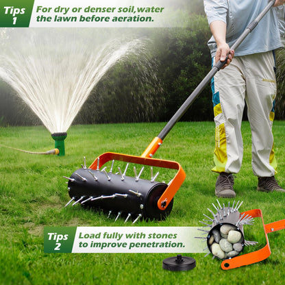 Walensee Rolling Lawn Aerator, Heavy Duty Manual Aerator Tool with 42 Spikes, Lawn Spike Aerator Roller with 71" Adjustable Handle, Soil Penetrator Push Lawn Aeration for Garden Yard Patio