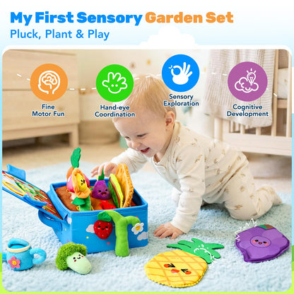 Esjay Montessori Sensory Garden Plush Set and Busy Board, Developmental Learning Toys with Rattle Squeaker Mirror Texture Tissue, Grey Dinosaur
