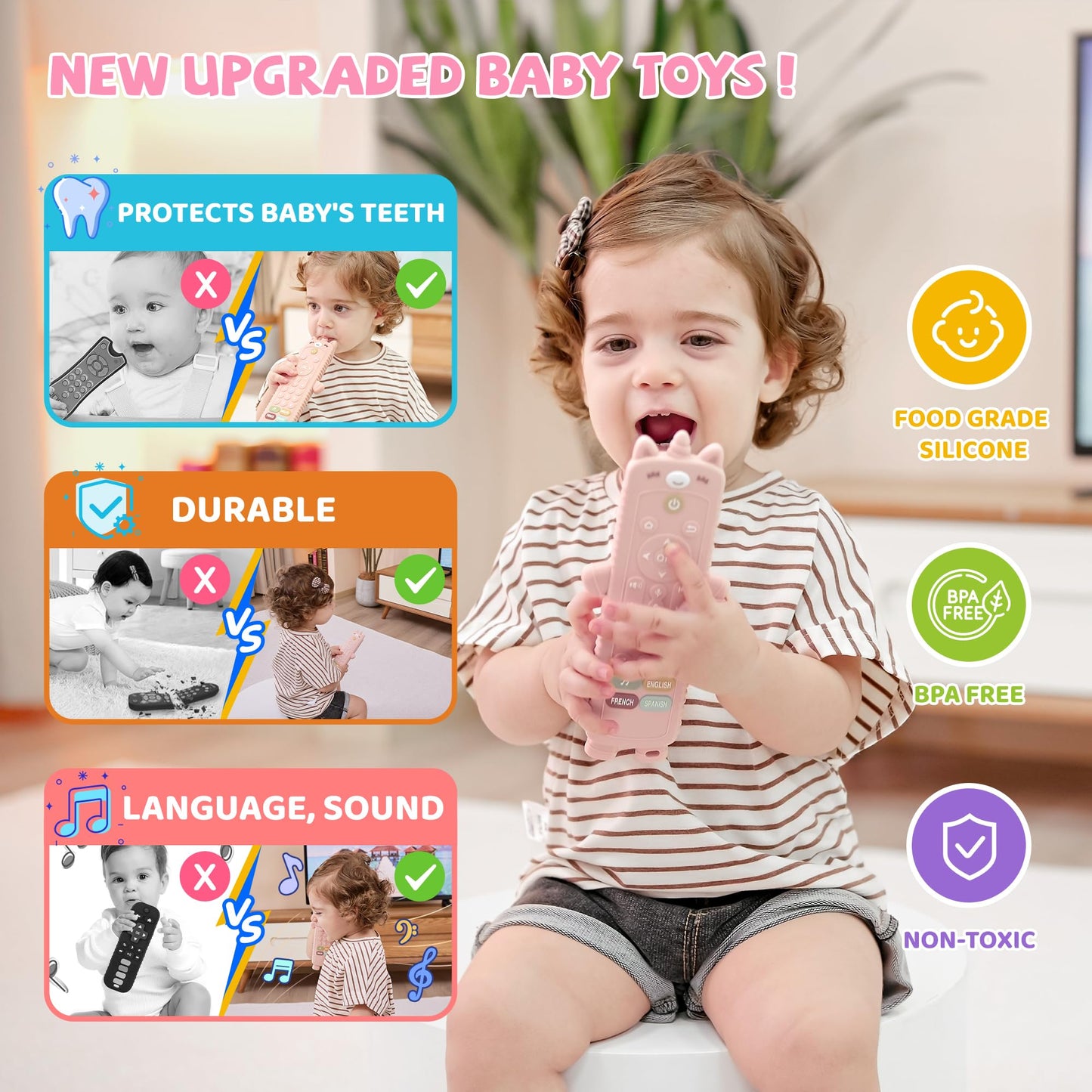 KIRALUMI Baby Remote Control Toy with Silicone Teether Cover - Baby Musical Toys, Early Number Learning in 3 Languages (English, Spanish & French), Preschool Infant Girl Toys 6, 9, 12, 18 Month.