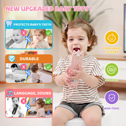 KIRALUMI Baby Remote Control Toy with Silicone Teether Cover - Baby Musical Toys, Early Number Learning in 3 Languages (English, Spanish & French), Preschool Infant Girl Toys 6, 9, 12, 18 Month.
