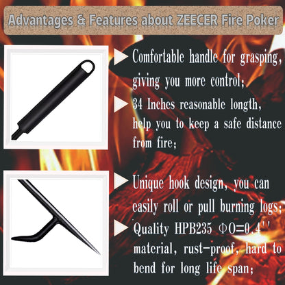 Fire Poker for Fire Pit, Heavy Duty 34-Inch Solid Steel Fireplace Poker, Portable Removable Design Poker Fire Poker for Fire Pit Outdoor Fireplaces Solo Stove Campfires & Indoor Use