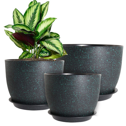 WOUSIWER Plant Pots 10/9/8 inch, Set of 3 Modern Decorative Plastic Planters with Drainage Holes and Saucers for House Plants Indoor Flowers Plants, Black with Green Speckles