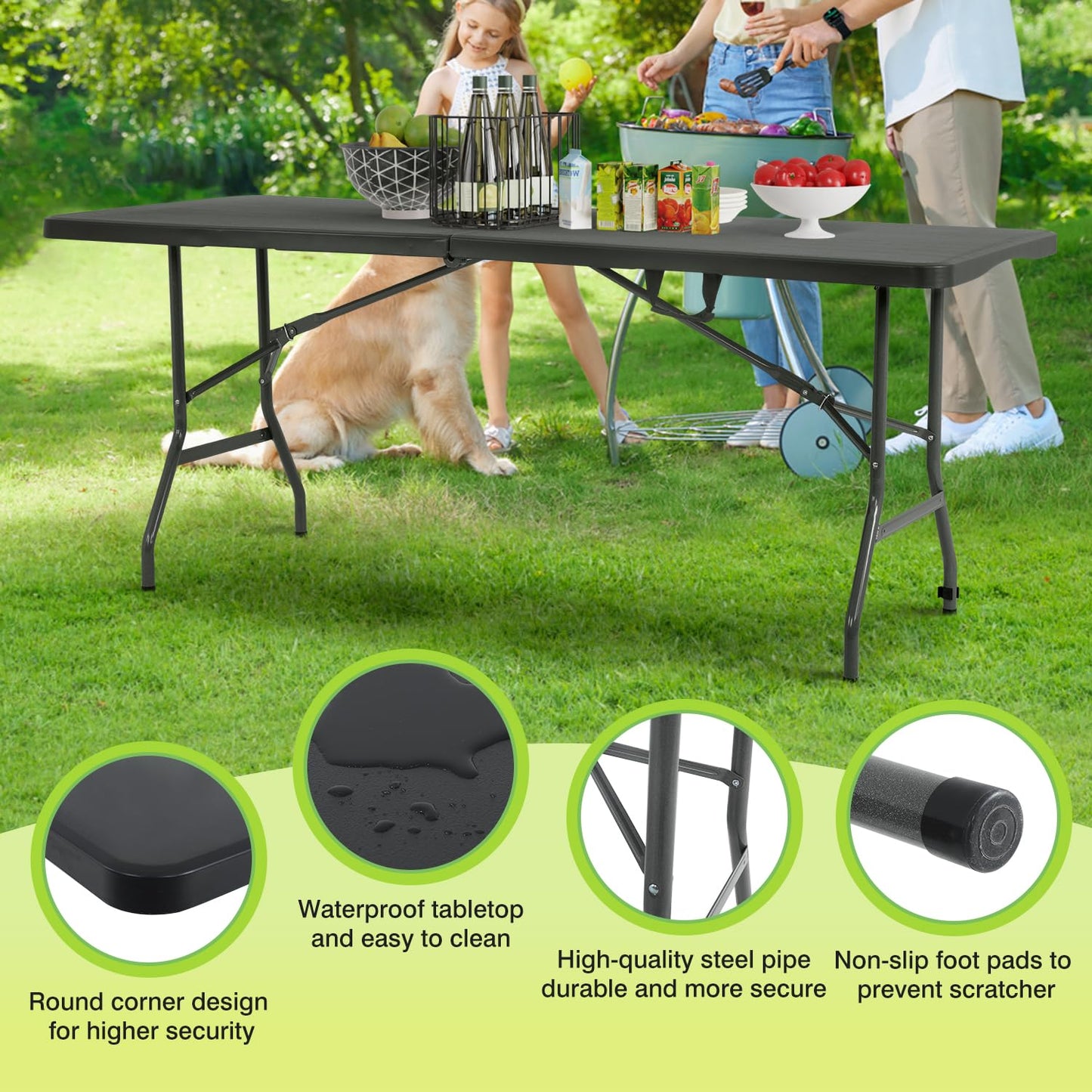 BestOffice Outdoor 6 FT Folding Camping Table Plastic Table Portable Square Height Dining Table Perfect for Picnics, Parties, Party and Camping, Black
