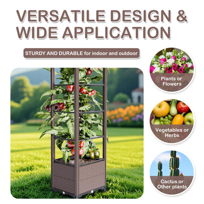 Raised Garden Bed with Trellis for Tomatoes, 10.5 Gal Planter Box Outdoor, 69.69" Tall Flower Planter with Tomato Cage, 15.7" Elevated Garden Bed for Vegetables, Climbing Plants & Flowers (Brown)