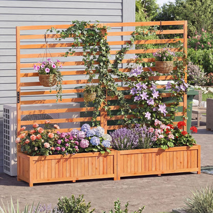 Giantex Set of 2 Raised Garden Bed with Trellis, 59” Tall Planter Box with Liner, Drainage Gaps for Climbing Vine Vegetable Flower, Indoor Outdoor Freestanding Privacy Screen for Porch Patio Yard