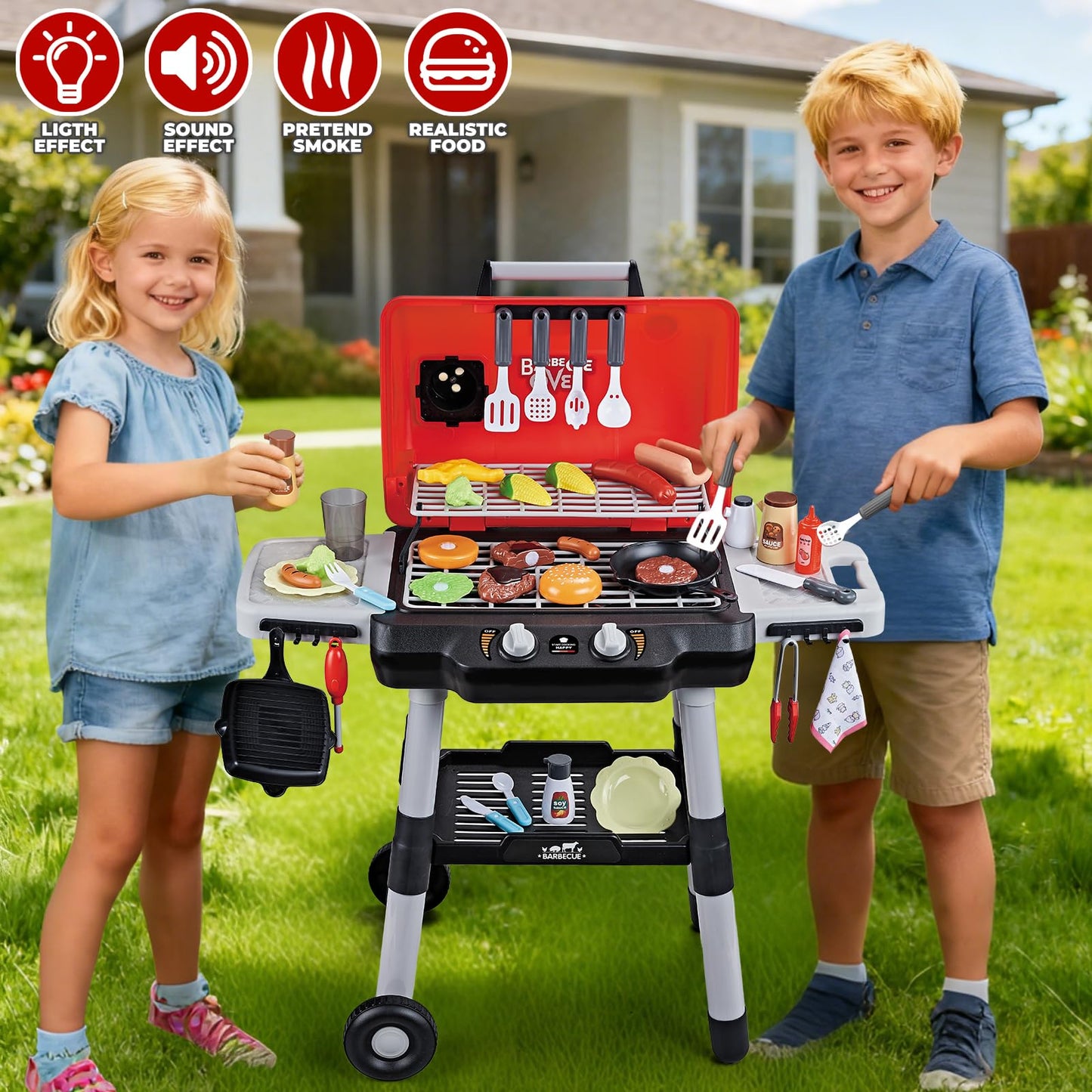 Kids Play Kitchen Toys, Kids BBQ Grill Playset with Smoke Sound Light, 2-Layer Barbecue Toy with Wheel, Outdoor Play Grill Toys for Toddlers 3-5, Play Food Toys Cooking Set, Birthday Gift for Boy Girl