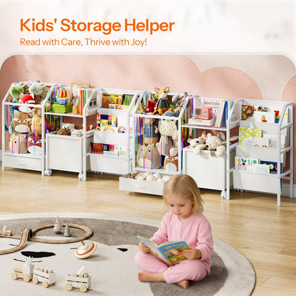 HOOBRO Kids Bookshelf and Toy Storage, 4-in-1 Book Shelf for Kids Rooms, Toy Storage Organizer with Stuffed Animal Storage, Drawer and Rolling Bin, Toddler Shelf for Nursery, Playroom, White WT39CW01