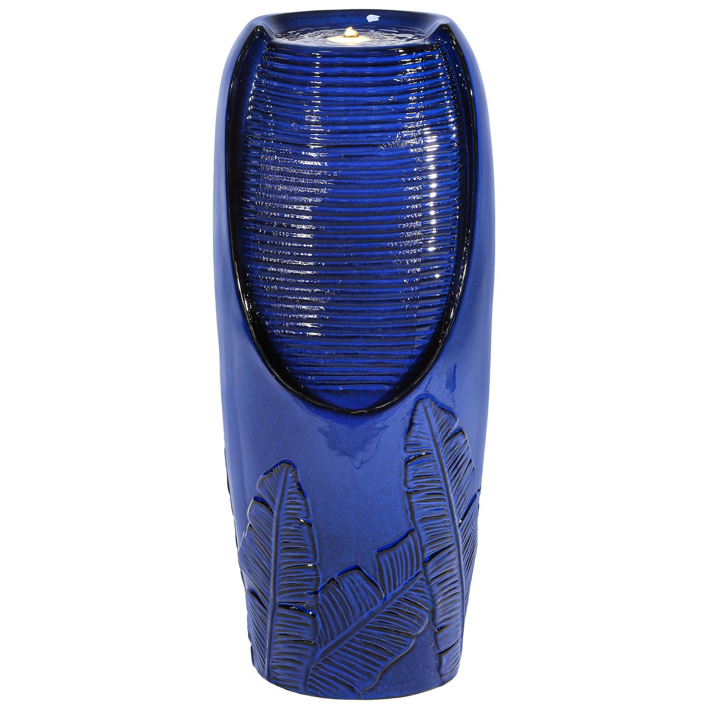 Autodaya 33" Tall Outdoor Garden Fountain with LED Lights, Modern Ceramic Jar Water Fountain, 3D Tropical Leaf Pattern, Cobalt Blue Glaze, Soothing Cascading Waterfall for Relaxing Patio, Yard, Porch