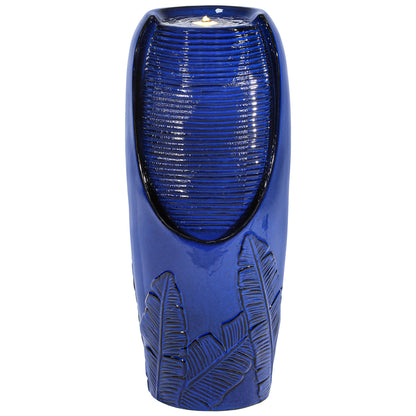 Autodaya 33" Tall Outdoor Garden Fountain with LED Lights, Modern Ceramic Jar Water Fountain, 3D Tropical Leaf Pattern, Cobalt Blue Glaze, Soothing Cascading Waterfall for Relaxing Patio, Yard, Porch