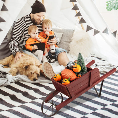 CHEFJOY Wooden Wagon Planter, 27.5"x10.5"x11.5" Wheelbarrow Cart Plant Pot with Halloween Decoration & Metal Supports, Single Wheel Movable Garden Flower Cart Planter for Yard, Backyard (Red)