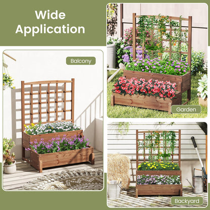 Toolsempire 2-Tier Raised Garden Bed with Trellis, Wooden Elevated Planter Box with Legs, Hemp Rope & Drainage Holes, Raised Plant Bed for Backyard, Garden, Lawn