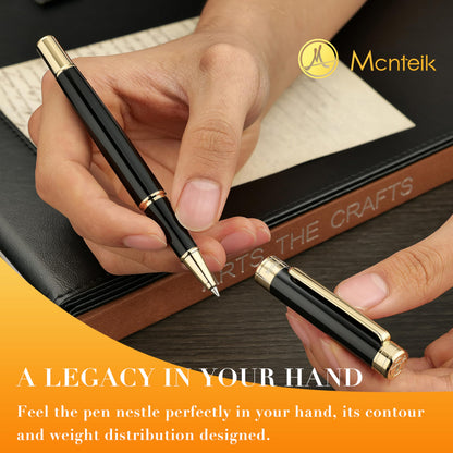 MCNTEIK Black Lacquer Rollerball Pen - Stunning Luxury Pen, 24K Gold Plating, Schmidt Refill, Precision Flow Ink, Best Roller Ball Gift Set for Men & Women, Professional, Executive Fancy, Nice Pens