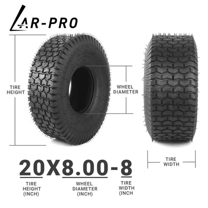 AR-PRO 20x8.00-8 Lawn Tractor Riding Mower Turf Tires – Heavy-Duty 4 Ply Tubeless Tire Replacement for Zero Turn Mowers, ATVs, Garden Tractors, Golf Carts – Set of 2 – No Rim