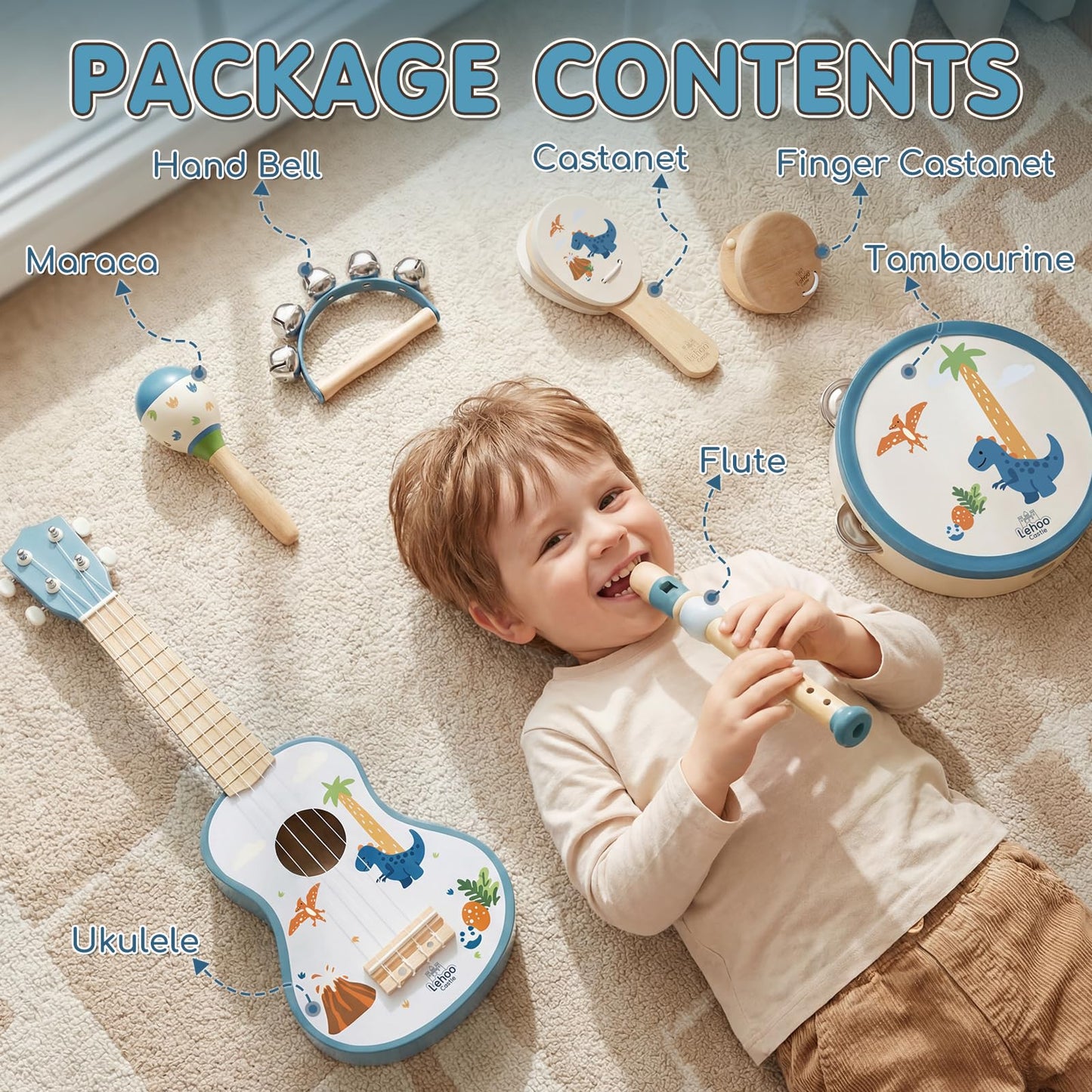 Lehoo Castle Kids Guitar Set, Dinosaur Guitar for Toddlers 1-3, Wooden Montessori Musical Instruments 7 in 1 with Ukulele/Tambourine/Maracas/Flute, Mini Band Set Birthday Gift for Boys Girls