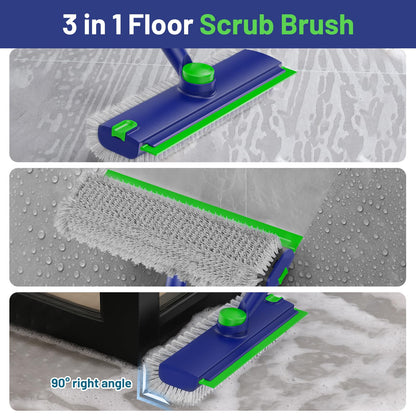 EHADOO Floor Scrub Brush with Long Handle: 3 in 1 Heavy-Duty Floor Scrubber Brush with Squeegee for Cleaning Tile Bathroom Deck Kitchen Patio - Blue